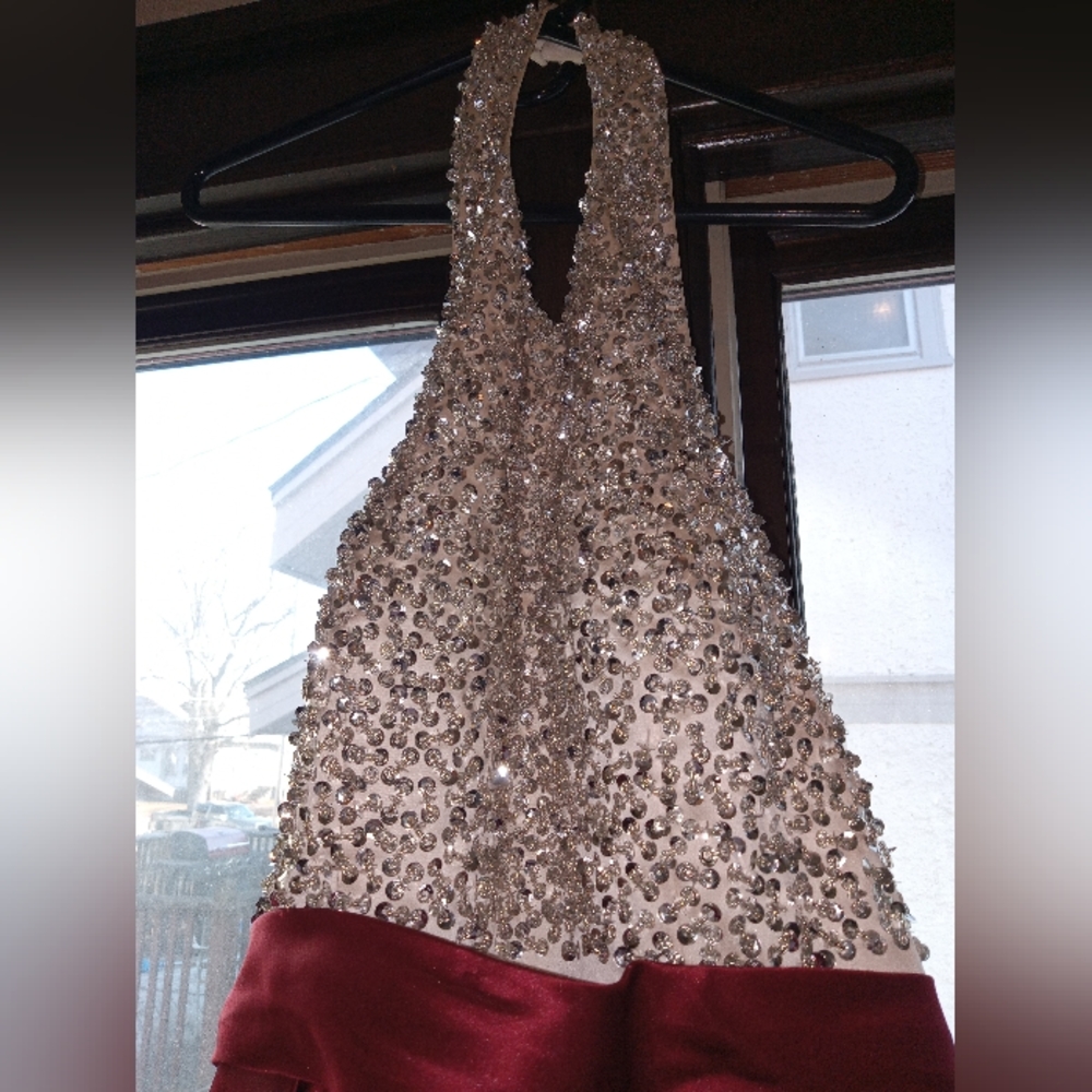 Long red and sequined prom dress